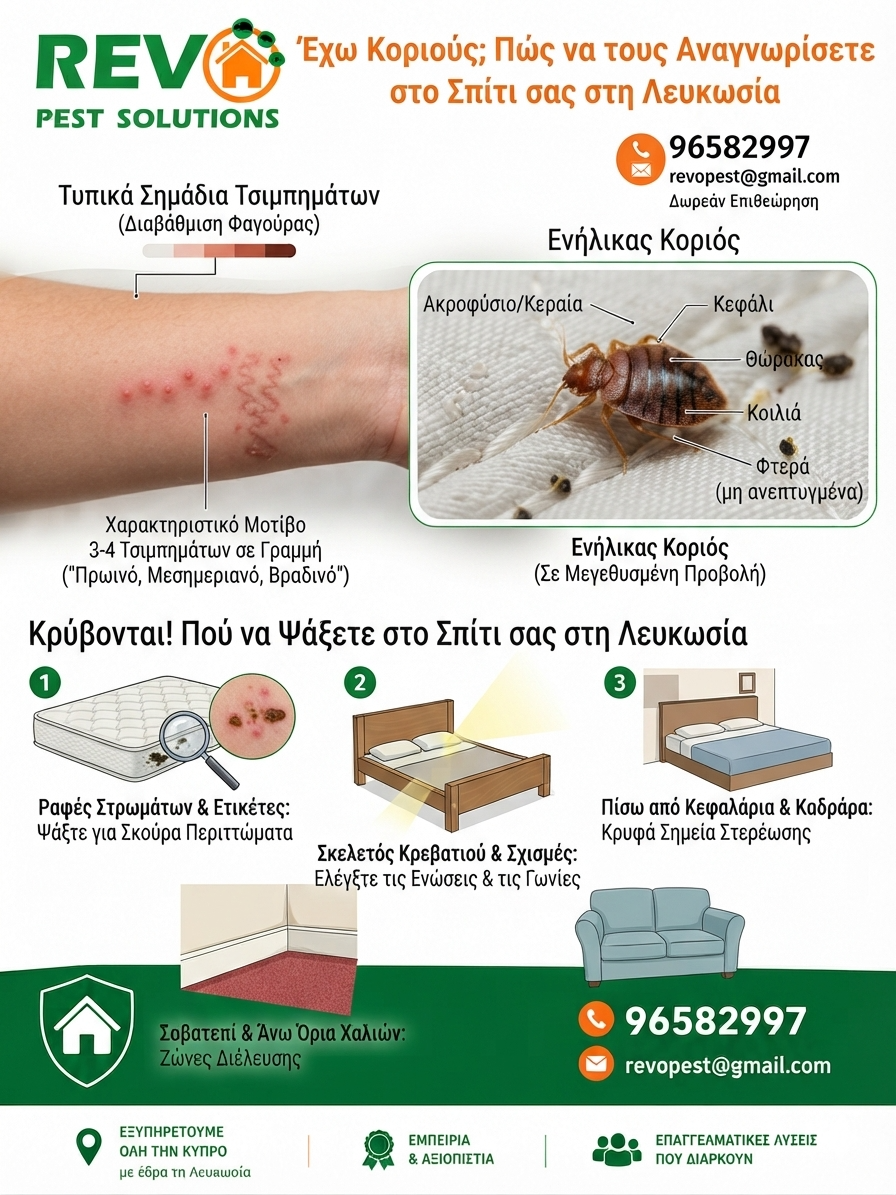 έχω κοριούς, τσιμπήματα κοριών Λευκωσία, αναγνώριση κοριών Κύπρος, σημάδια κοριών Λευκωσία, εξολόθρευση κοριών Λευκωσία