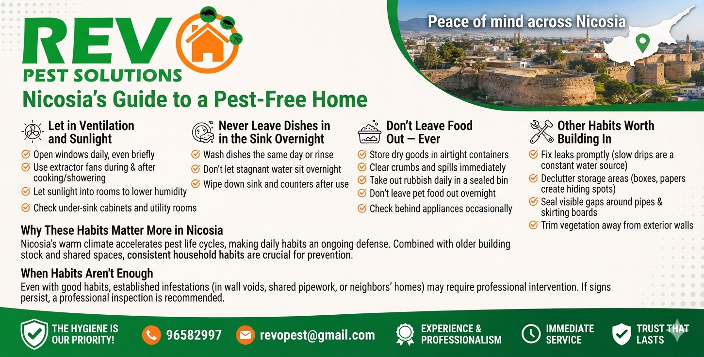 pest-free home Nicosia, pest prevention tips Cyprus, how to keep cockroaches away, pest control habits Nicosia, prevent pests at home
